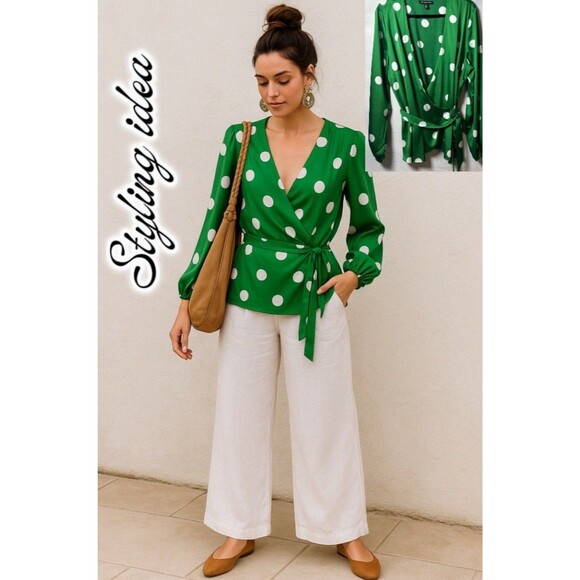 INC Green and White Polka Dot Wrap Blouse XXL - Picture 1 of 6